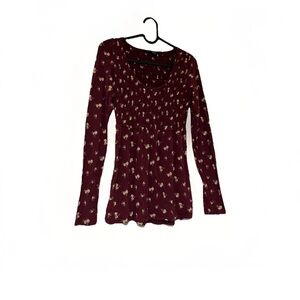 American Eagle Babydoll Top Y2K Vintage Long Sleeve Floral Burgundy XS